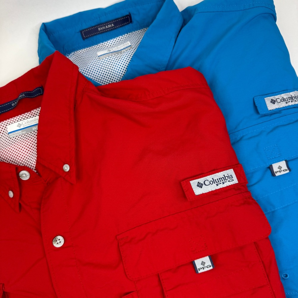 Columbia PFG Bahama II Fishing Shirts Mens 2X Red Blue Short Sleeve Vented
